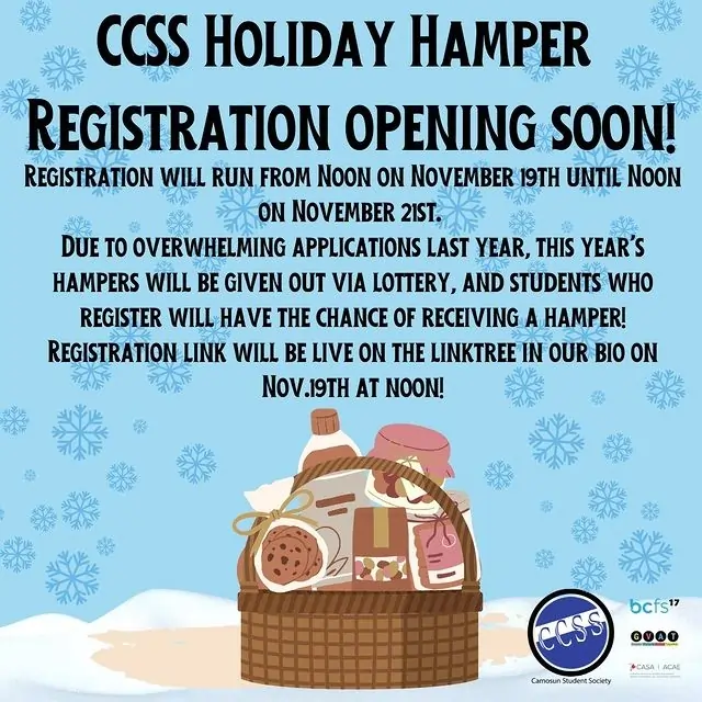 Holiday Hamper registration noon Nov 19th to noon Nov 21st